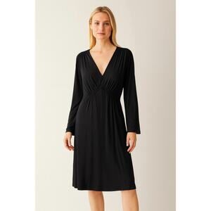 Boden Black Long Sleeve Dress | Deep V-Neck Ruched Waist Midi | Size 16/18R NWT